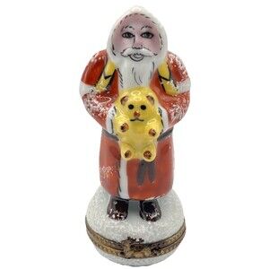 Limoges France Peint Main Ltd Ed Signed Santa w/Bear Trinket Box Wreath Clasp